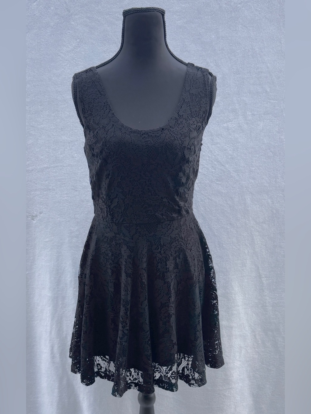 Robin K Black Lace Scoop Neck Fit-and-Flare Mini Dress